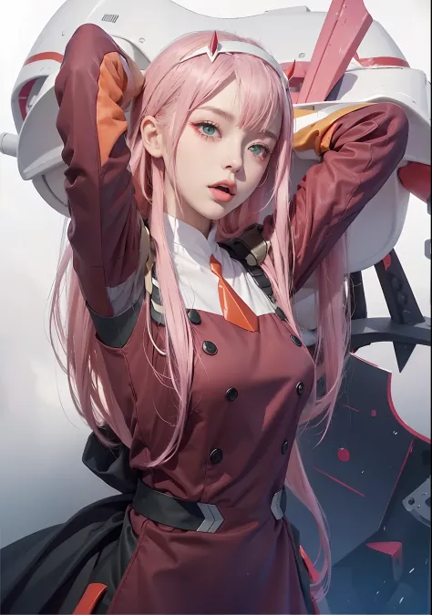 zero two \(darling in the franxx\), 1girl, horns, pink hair, solo, long hair, hairband, white hairband, uniform, candy, military, military uniform, green eyes, looking at viewer, food, aqua eyes, red dress, lollipop, eyebrows visible through hair, pilot su...