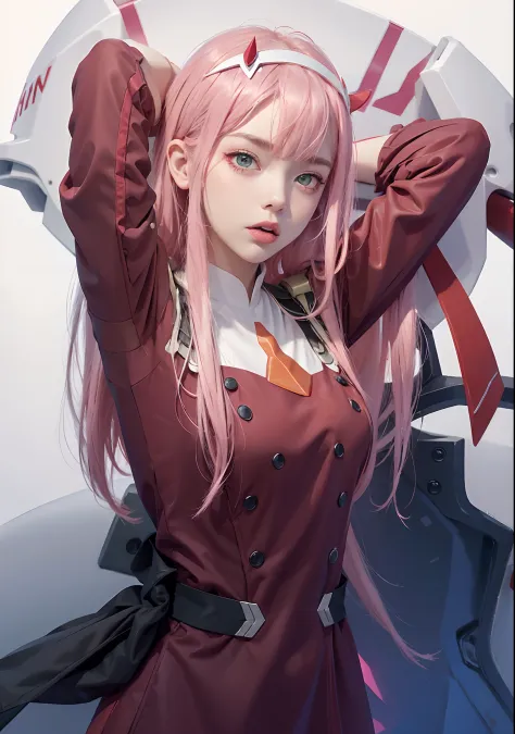 zero two \(darling in the franxx\), 1girl, horns, pink hair, solo, long hair, hairband, white hairband, uniform, candy, military...