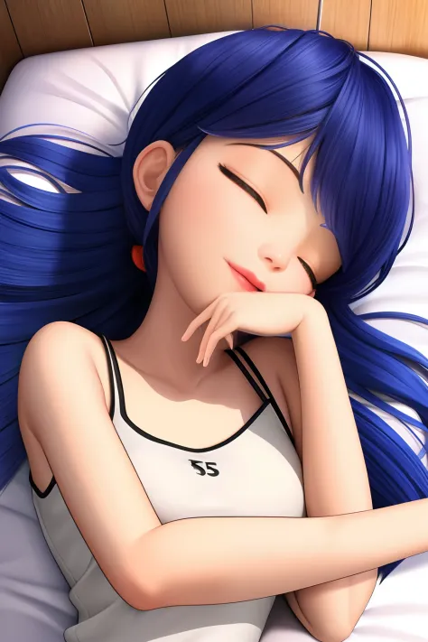 (8k, RAW photo, best quality, masterpiece:1.2), (intricate details), perfect eyes, perfect face, perfect lighting, beautiful, (masterpiece:1.2), (best quality:1.2), 1girl, solo, marinette, blue hair, ((long hair down)), adult torso, 17 years old, slight sm...
