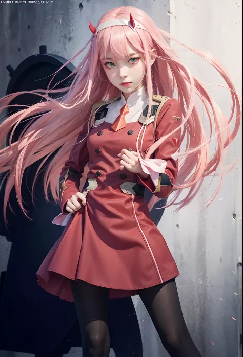 zero two \(darling in the franxx\), 1girl, horns, pink hair, solo, long hair, hairband, white hairband, uniform, pantyhose, military, military uniform, dress, red dress, black legwear, green eyes, standing, medium breasts, looking at viewer