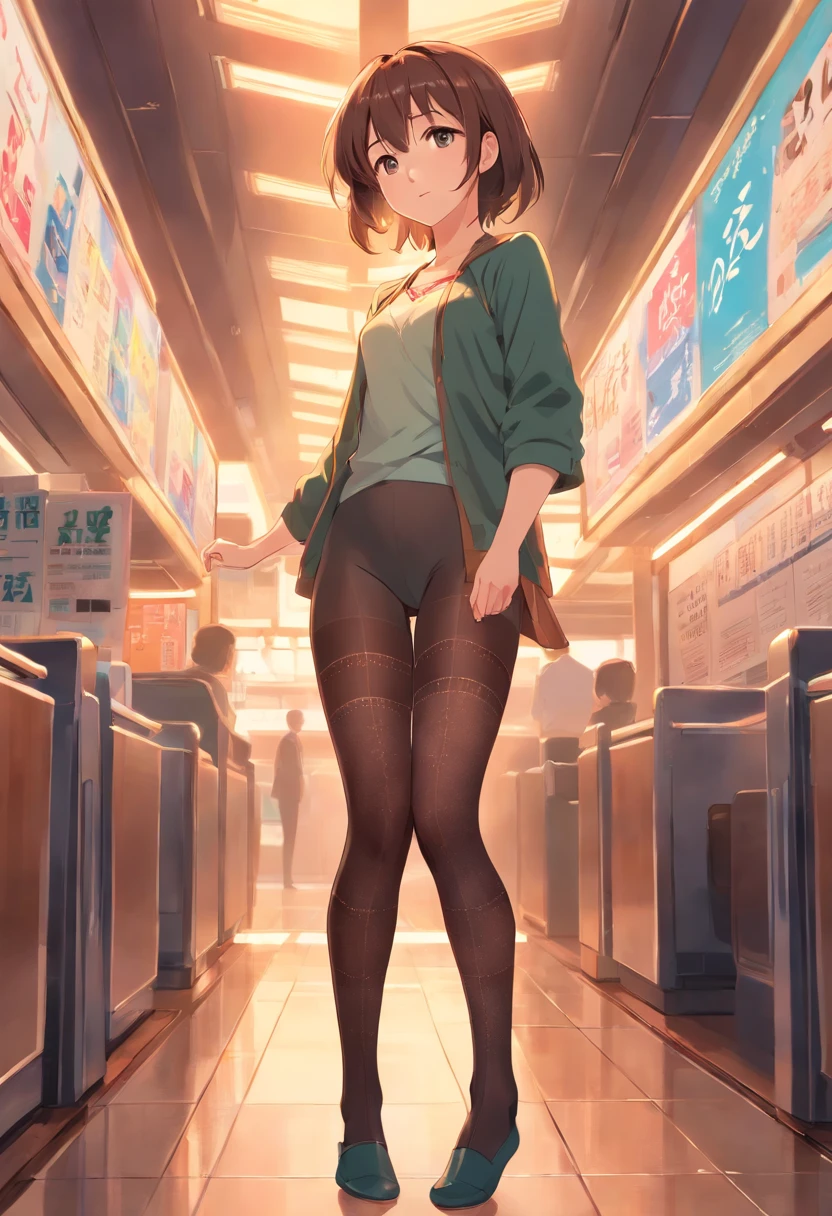 Anime girl in tights and tight stockings standing in a subway - SeaArt AI