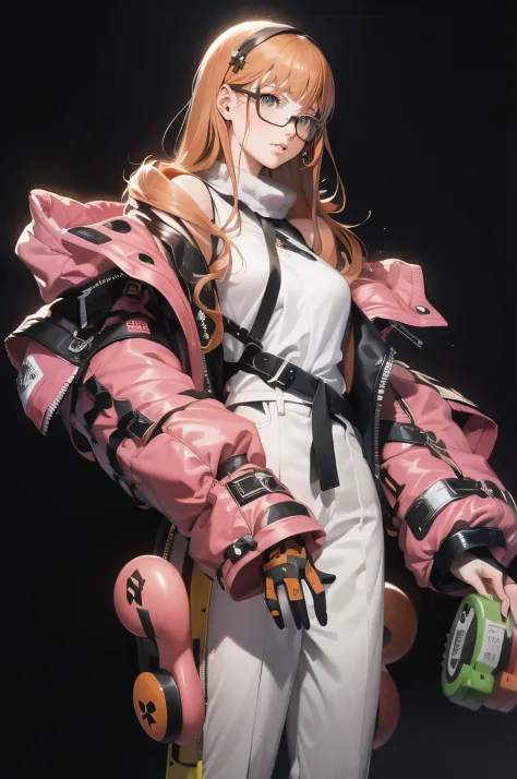 anime - style girl in pink jacket and white pants holding a green bottle, cushart krenz key art feminine, render of april, cyber...