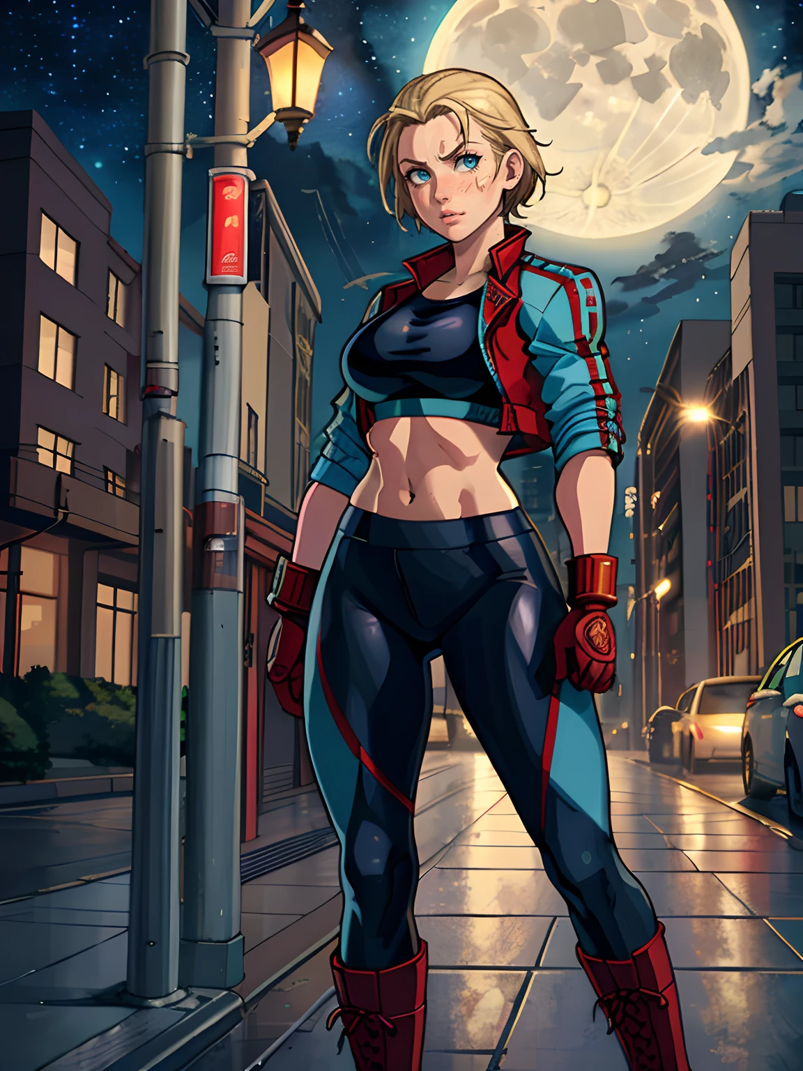 [Cammy], ((Masterpiece)), ((High quality art)), ((High definition)), ((solo portrait)), ((anime)), ((beautiful render art)), ((detailed shading)), ((intricate details)), {(Beautiful woman), (cute blue eyes), short blonde hair, (scar on left cheek), angry, (puckered lips)}, {(sports bra), (yoga pants), (short leather light blue jacket), (red horizontal stripes on sleeves), (red combat boots)}, {(standing on side walk)}, [Background; (england city), (cars), (lamp posts), (starry sky), (full moon)}