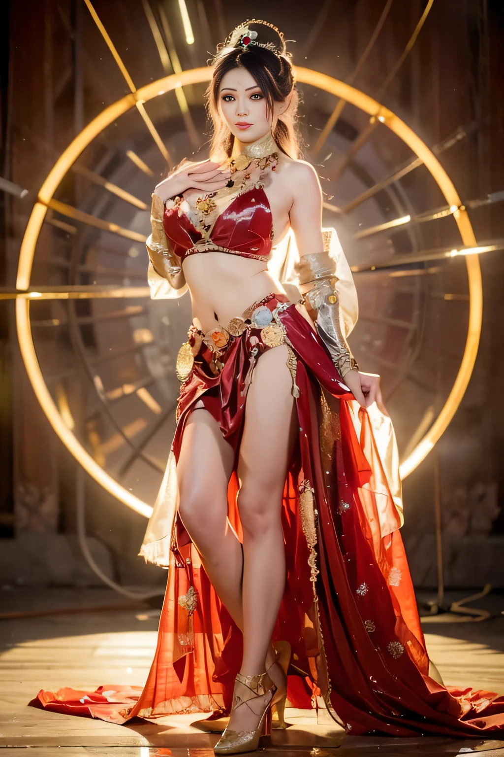 Une femme en robe rouge pose devant une grande lampe ronde, Magnifique jeu de rôle, cosplay glamour, elle est habillée en danseuse du ventre, une belle impératrice fantastique, elegant cosplay glamour, ((une belle impératrice fantastique)), [ tendance sur CGSociety ]!!, ne zha de châtiment, tenue fantastique, photo du corps d&#39;une déesse cinématographique, pose de danse du ventre gracieusement