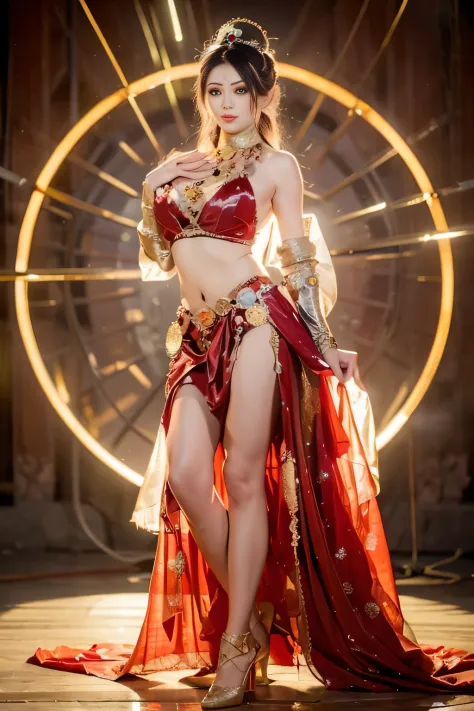 A woman in a red dress poses in front of a large round lamp, Gorgeous Role Play, glamourous cosplay, she is dressed as a belly d...