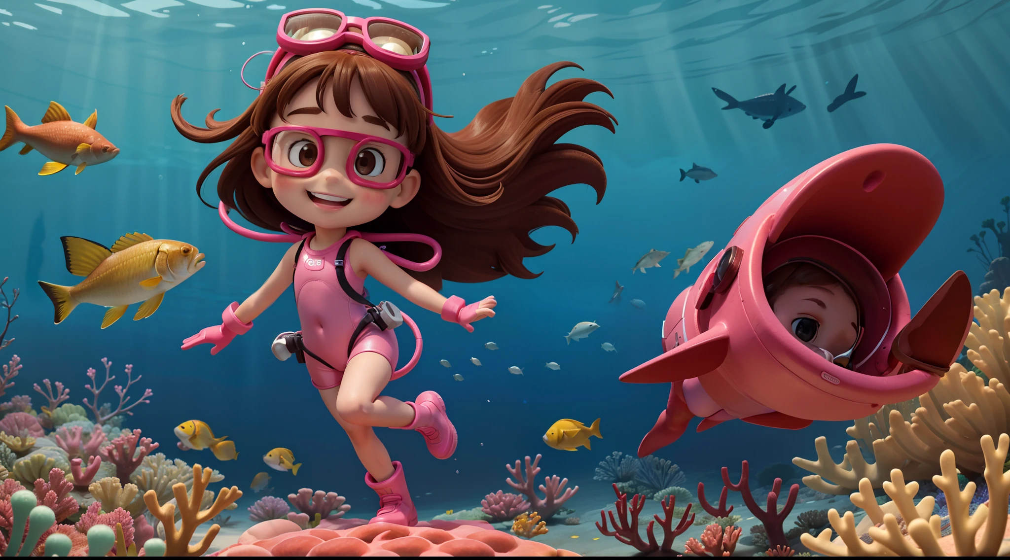 Frontal image of a 5-year-old girl standing, happy, with brown hair, brown eyes, rosy cheeks, arms spread apart, legs apart, wearing diving goggles, pink diving suits, diving gloves, and diving shoes, underwater among corals and fish, in the style of a children's book illustration.