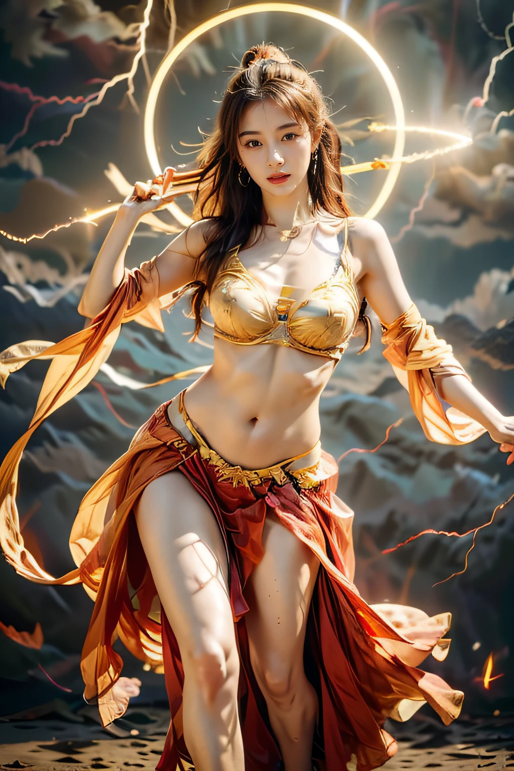 masuter piece,(Best Quality:1.3),超A high resolution,Raw photo,Detailed skin,Beautiful lighting,(Realistic, Photorealsitic:1.4), dunhuang, 1girl in, Full body, Standing, Unevenness of the skin, Beautiful expression、A detailed face、perfectly proportions、爆乳、big breasts thin waist、Navel、Crotch gap、thighs thighs thighs thighs、Bewitching、Attractive woman, A sexy, dunhuang_Background,(Dynamic Poses:1.2), Vivid costumes、lightning bolt、Thunderbolt、Sateen、wetted skin、