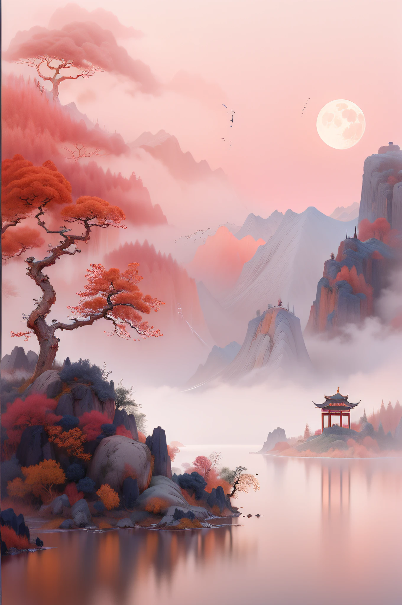 ((masterpiece)),((best quality)),((high detial)),((realistic,)) chinese landscape ,close up view,mist ,fog,lake and waves,tree,snow mountain,reflection,minimalism,Zen aesthetics,Zen composition,Chinese landscape painting,4k((masterpiece)),((best quality)),((high detial)), ((utra sharp:1.4)), clear background ,john pawson，backlight,Tyndall effect,a bird flying, sparkling lake , pink octane render science fiction, crescent moon, red sky, gradient background