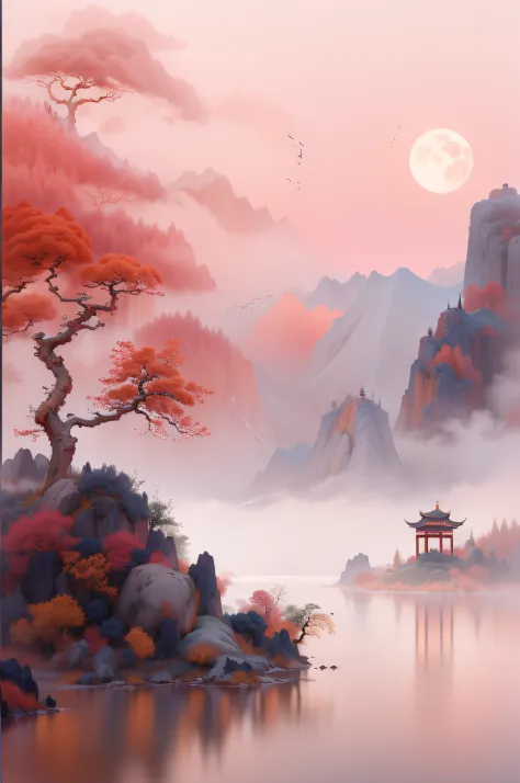 ((masterpiece)),((best quality)),((high detial)),((realistic,)) chinese landscape ,close up view,mist ,fog,lake and waves,tree,s...