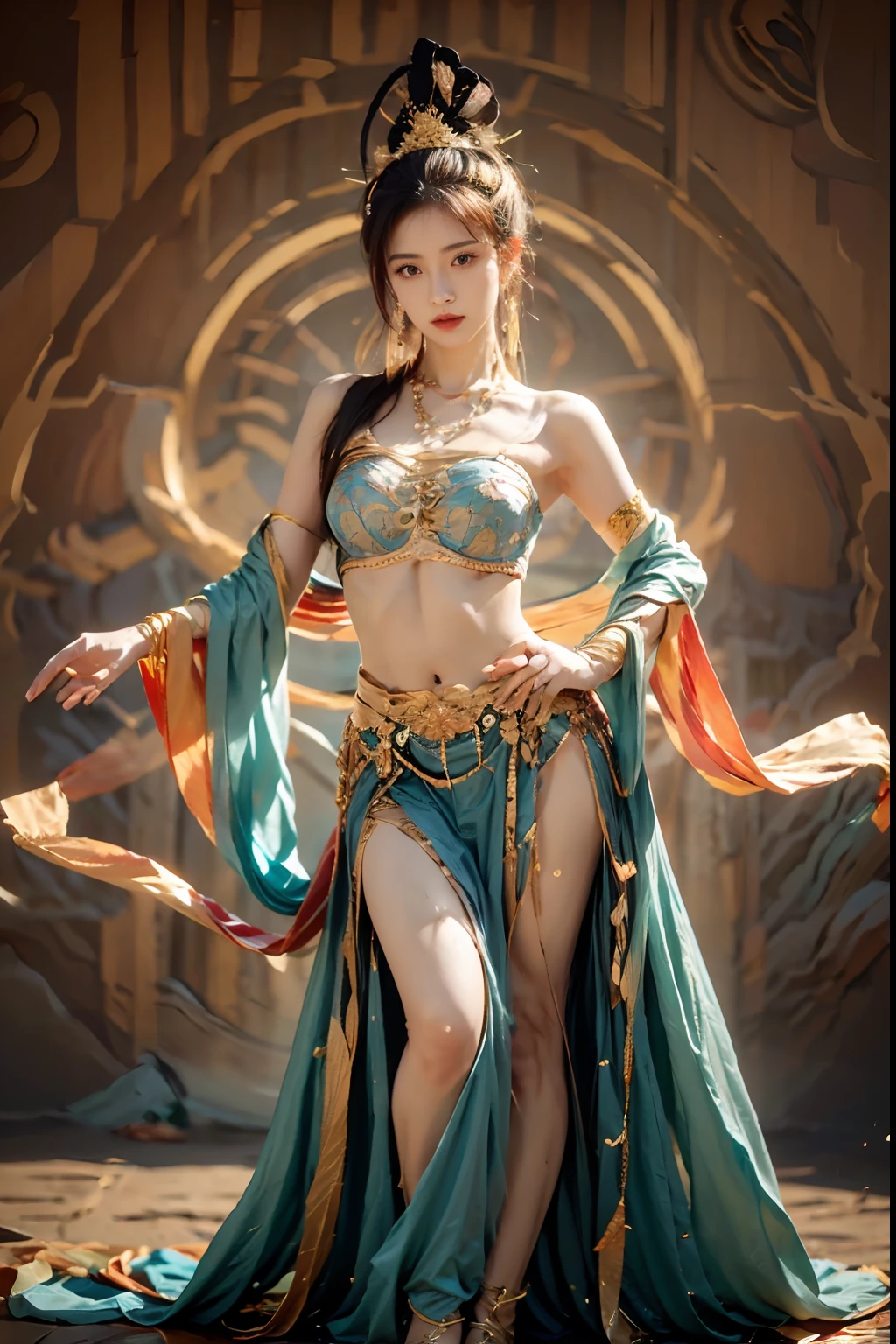 masuter piece,(Best Quality:1.3),超A high resolution,Raw photo,Detailed skin,Beautiful lighting,(Realistic, Photorealsitic:1.4), dunhuang, 1girl in, Full body, Standing, Unevenness of the skin, Beautiful expression、A detailed face、perfectly proportions、Perfect growth、爆乳、big breasts thin waist、Navel、Crotch gap、thighs thighs thighs thighs、Bewitching、Attractive woman, A sexy, dunhuang_Background,(Dynamic Poses:1.2), fly, Vivid costumes、lightning bolt、Thunderbolt、Sateen、wetted skin、