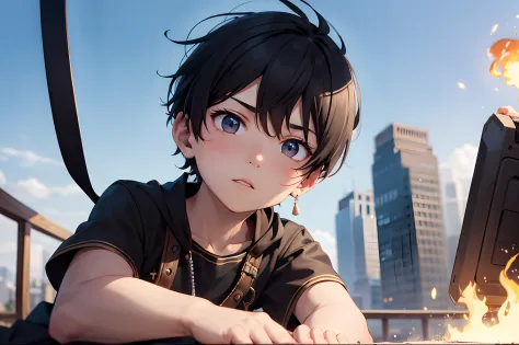 Warrior boy staring at the blue sky with a serene face like background fire