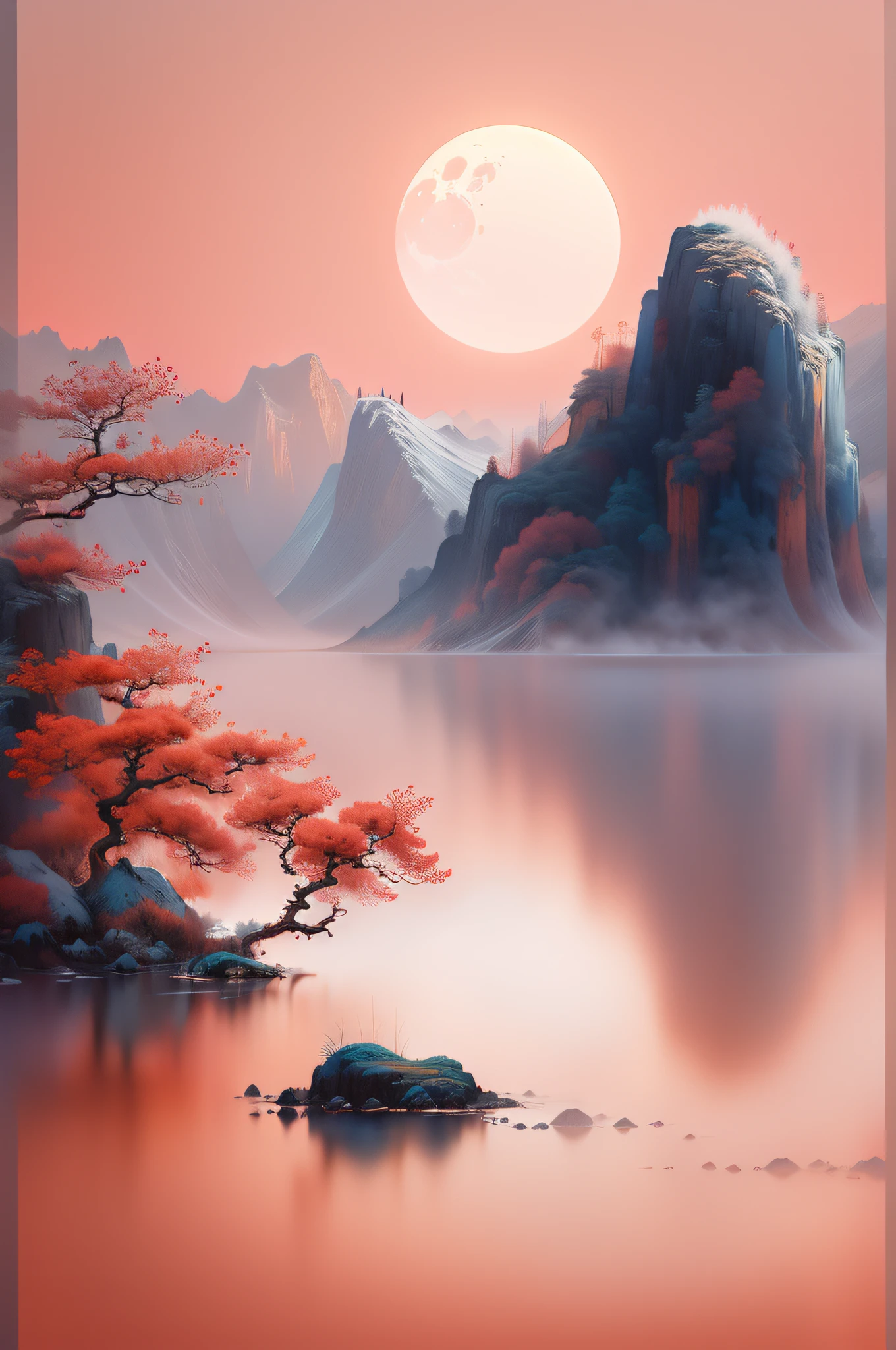 ((Masterpiece)),((Best quality)),((High- sharpness)),((Realistic,)) Chinese landscape ,closeup view,Mist ,Heavy fog,Lakes and waves,tree,snow mountains,Reflection,Minimalism,zen aesthetic,Zen composition,Chinese landscape painting,4K((Masterpiece)),((Best quality)),((High- sharpness)), ((Utra Sharp:1.4)), Clear background ,John Bowson，Backlight,Tyndall effect,A flying bird, Sparkling lake , Pink octane rendering science fiction, New Moon, Red sky, Gradient background