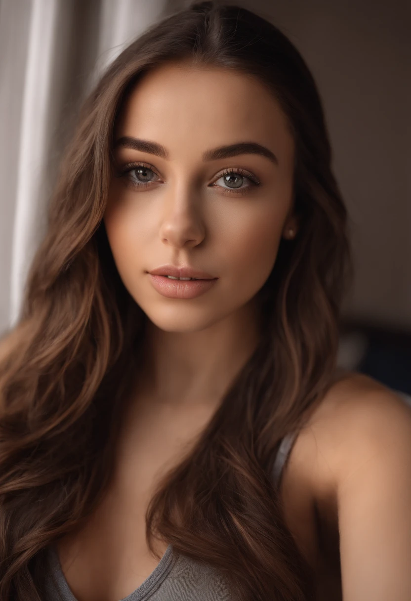 A woman with long brown hair and a gray top - SeaArt AI