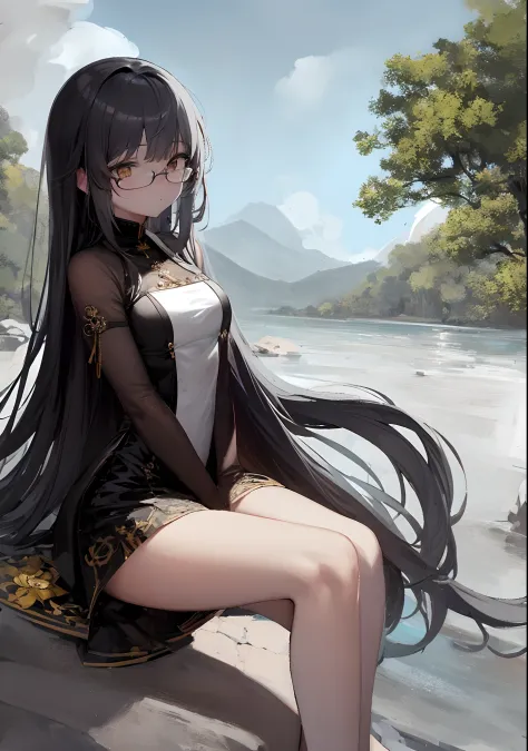masterpiece,(bestquality),highlydetailed,ultra-detailed,{black hair} (long whitr hair)(By bangs)(Lateral hair)(Shawl hair)(hair straight)，(glasses),(Yellow eyes),fleshy feeling，fleshy legs,anime girl in a white dress sitting on a rock by the water, guweiz,...