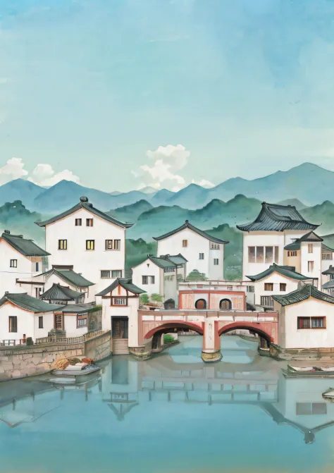 A caricature of a small town，There is a bridge over the river, dreamy Chinese towns, Chinese village, chinese watercolor style, ...