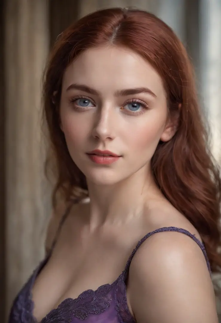 Realistic photo, a realistic photo of 30yo adult medieval woman queen wearing a purple dress, red hair, medieval castle, blue eyes, perfect nose, round face, straight eyebrow, (1girl), (extremely detailed CG unity 8k wallpaper), photo of the most beautiful...