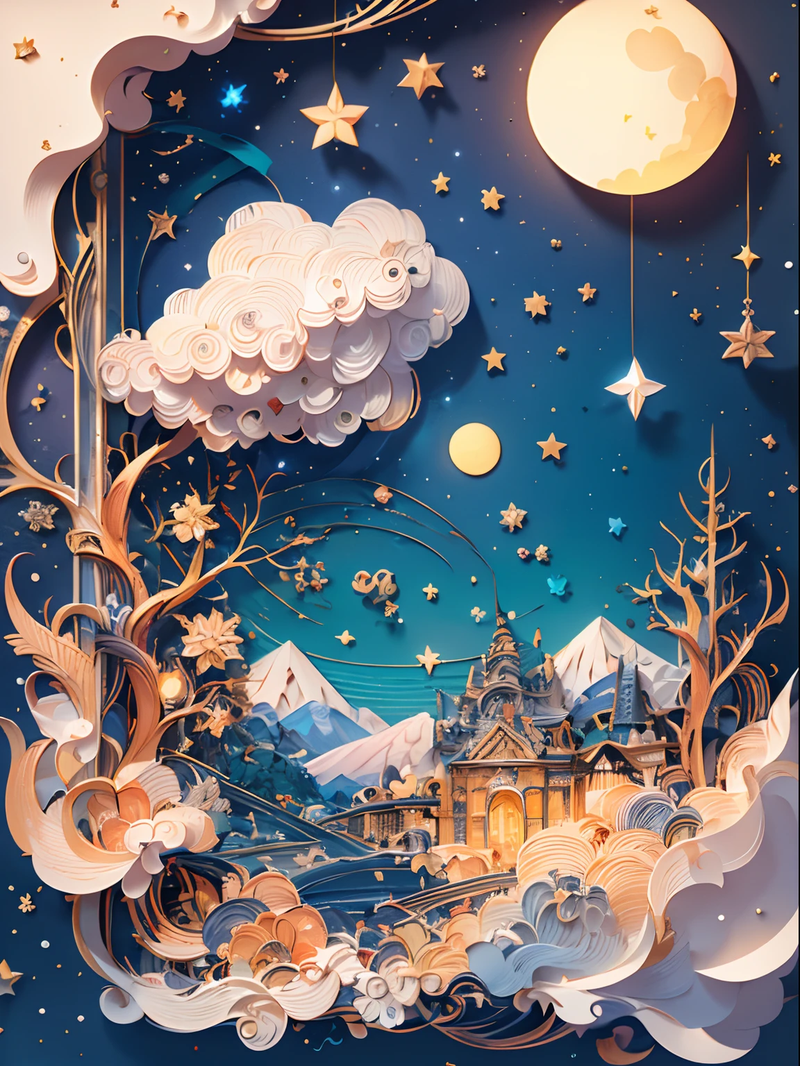 (((Masterpiece))),Best Quality, illustartion,  skye, Cloud, Star \(symbol\),1male, handsome male, night time, luna, Star \(skye\), night  sky, Starry sky, Bright colors, soft light,(warm color:1.2),aquarelle painting, light background, Exquisite details of the highest quality,3D Rendering,Octane Render, paper_cut