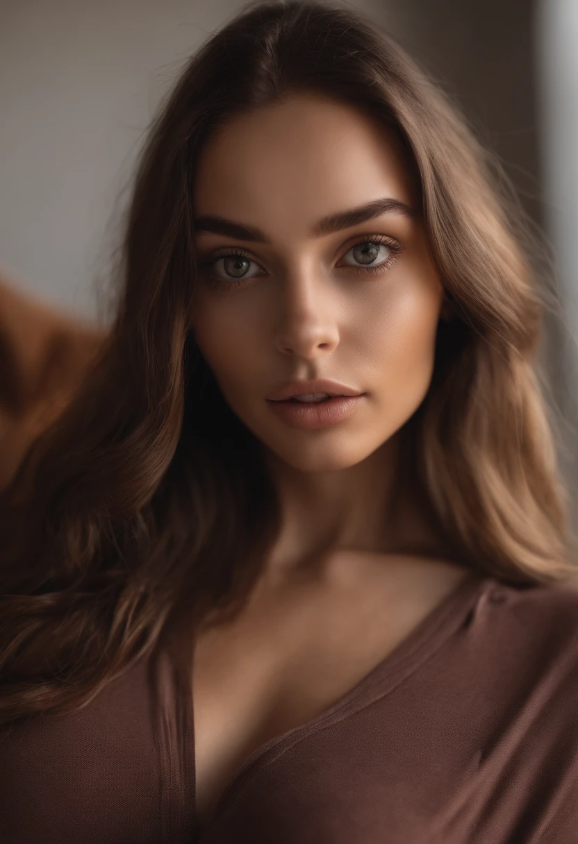 A close up of a woman with long hair wearing a brown top - SeaArt AI