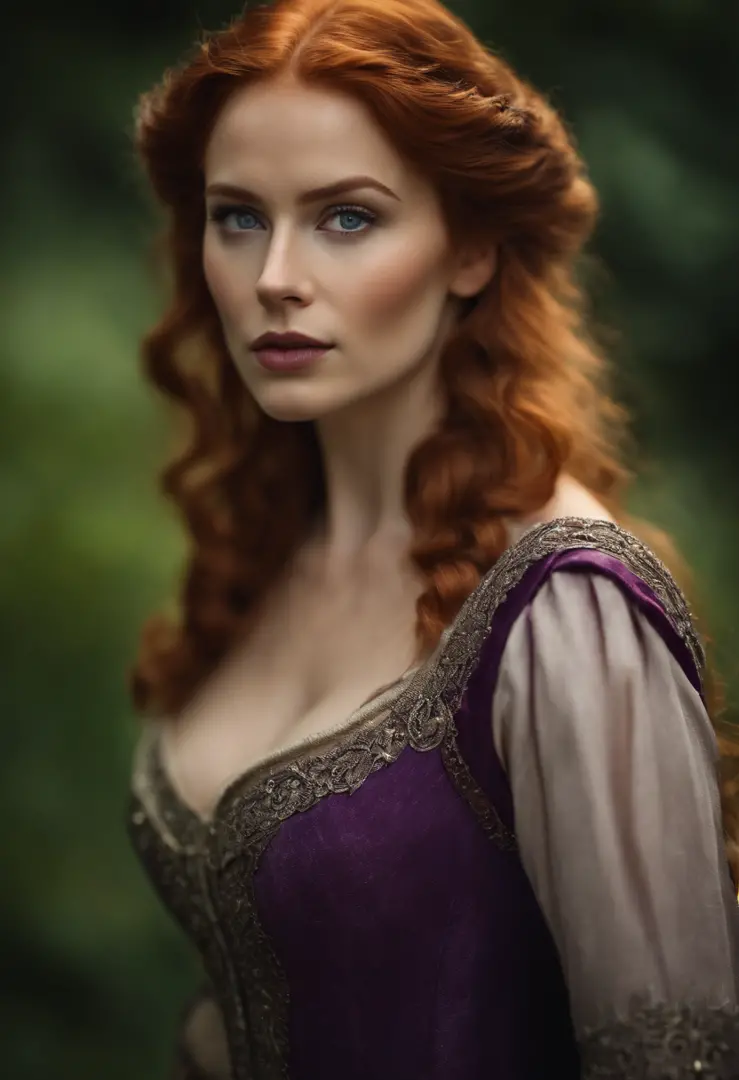 The most beautiful redhead medieval queen beautiful beauty in the world, Soaked all over, Cinematic texture, Best quality, Movie poster, Soft lighting, Warm colors,blue eyes, perfect nose, round face, straight eyebrow, full body, (big-breasted:1.5), purple...
