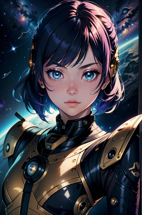 Space Girl,space suit, space, Masterpiece, Best quality, Technological, high - tech, Intricate, Detailed, absurderes, 1girll, Cute, Perfect face, space, window, Gorgeous, Stardust,cosmic, the wallpaper, Cinematic,comparing, Colorful, Perfect eyes, Sensual,...
