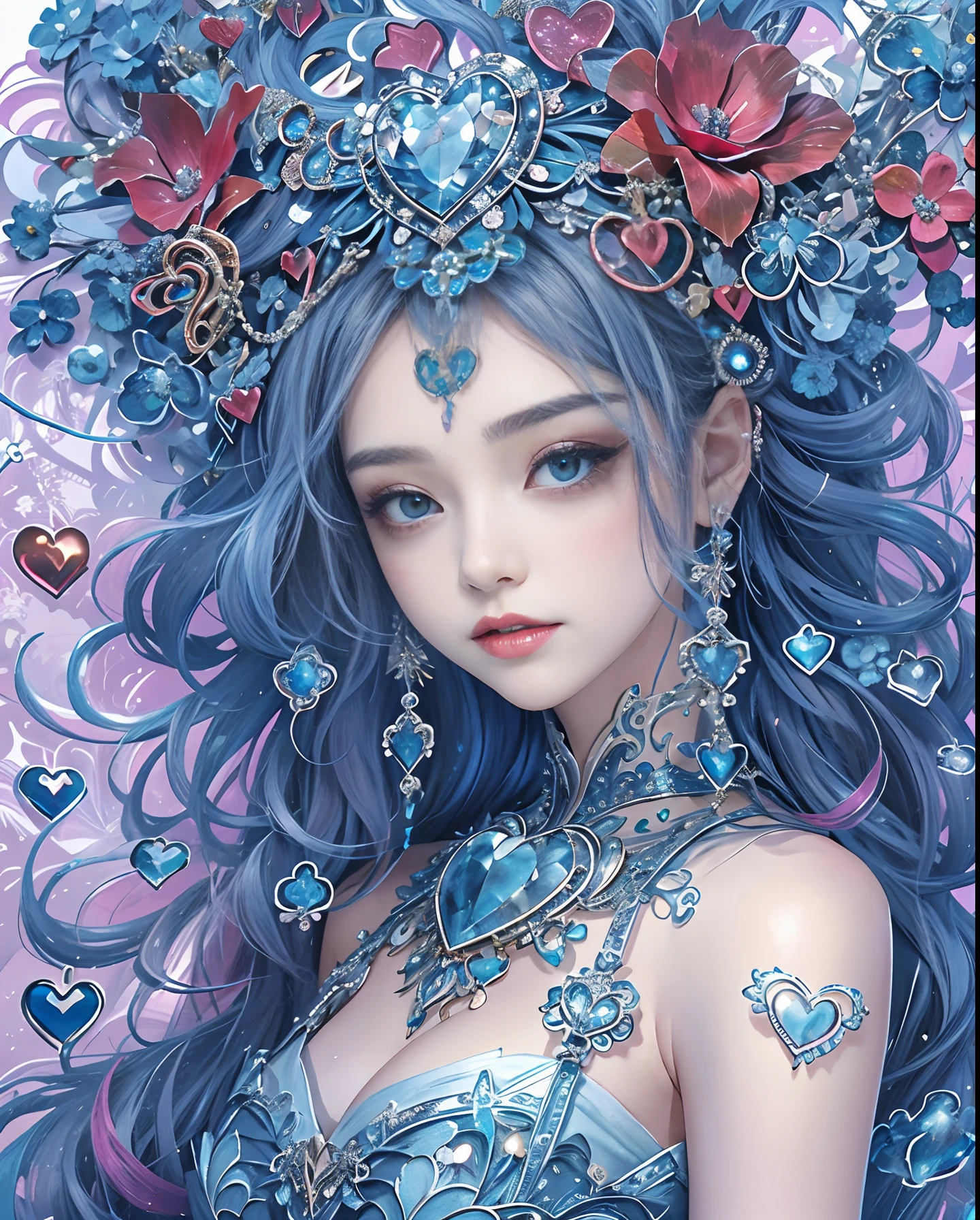 (masutepiece, of the highest quality, Best Quality, Official art, Beautiful and aesthetic:1.2), (1 Fantasy Girl), Extremely detailed, Glamorous Jewelry, long shapeless hair, (Fractal Art:1.3),Colorful,Highest detail.Express in the form of a heart、Ornaments in the shape of a blue heart、Use a lot of heart shapes、Use a lot of blue heart shapes in the background、Use a lot of blue、use a lot of blue flowers、Encrusted with blue heart-shaped jewelry、Heart-shaped bokeh、Ruby ornaments、Blue Gemstones、