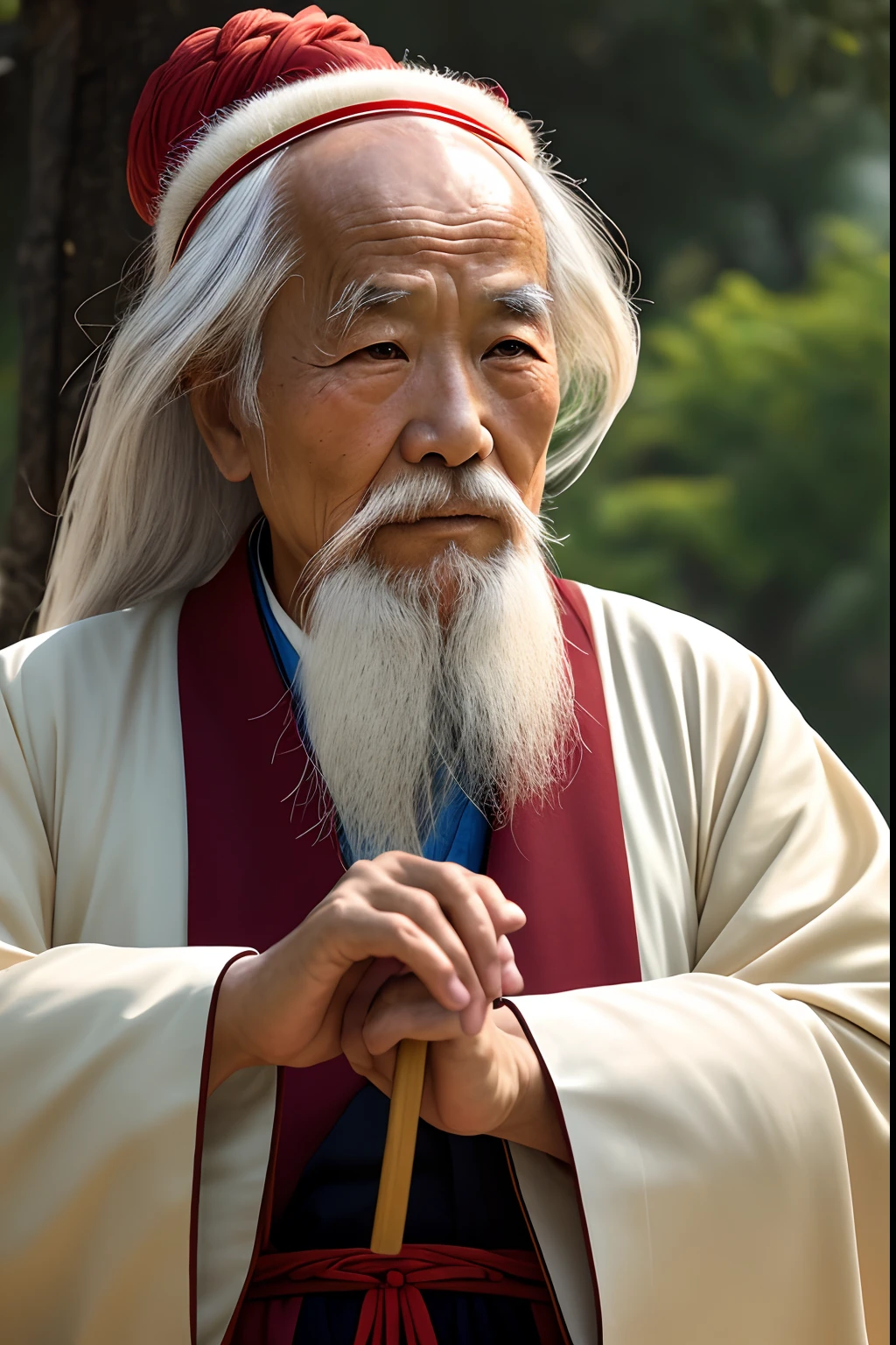 Kind old man in China，Close-up with a long beard，full bodyesbian，clad in robes，Taoist customs，Taoist master，Fairy wind road bone，Inspired by Zhang Sanfeng，inspired by Hu Zao，high-definition picture quality，Close-up of the hand