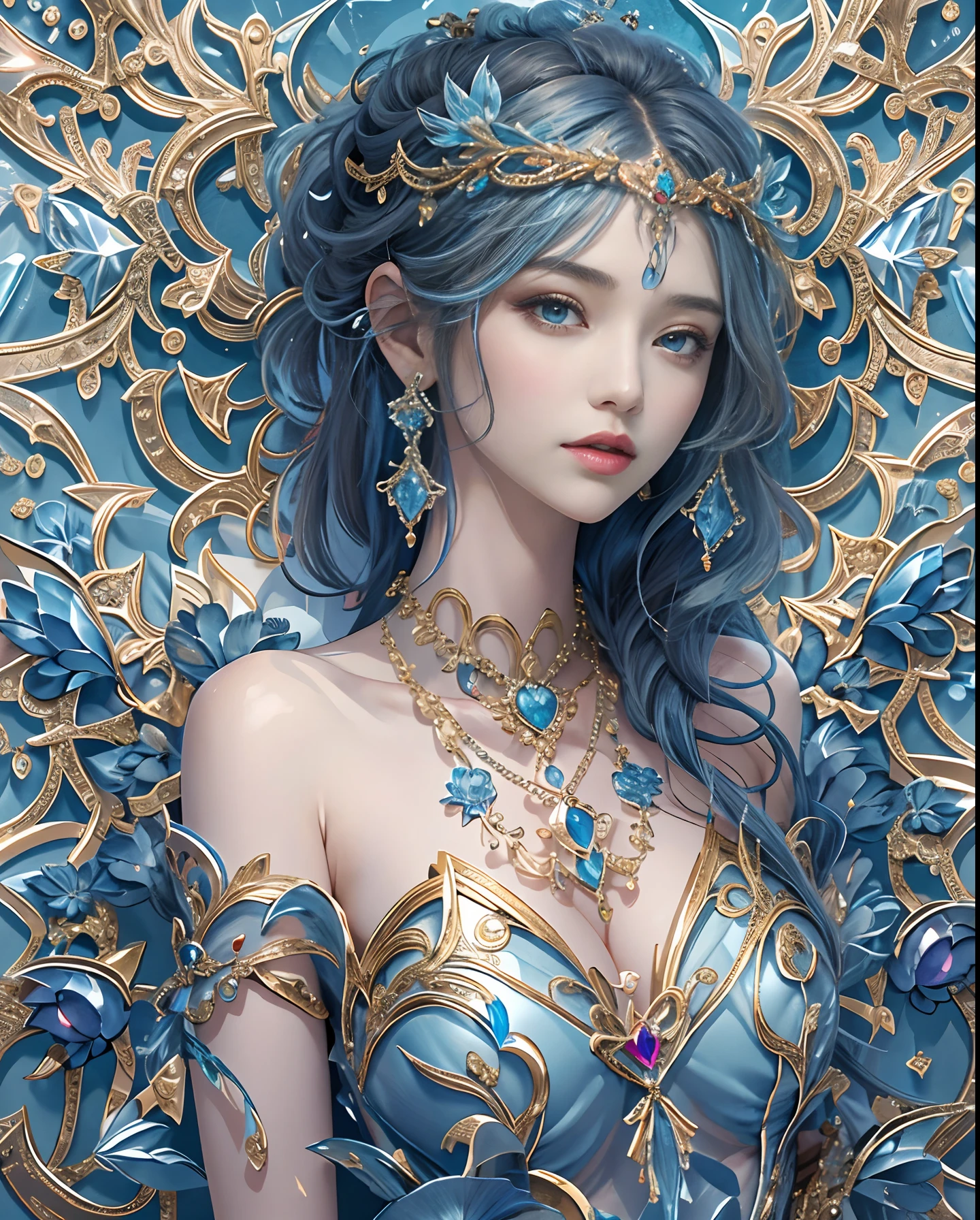 (masutepiece, of the highest quality, Best Quality, Official art, Beautiful and aesthetic:1.2), (1 Fantasy Girl), Extremely detailed, Glamorous Jewelry, long shapeless hair, (Fractal Art:1.3),Colorful,Highest detail.Express in the form of a heart、Ornaments in the shape of a blue heart、Use a lot of heart shapes、Use a lot of blue heart shapes in the background、Use a lot of blue、use a lot of blue flowers、Inlaid with blue heart-shaped jewelry、Heart-shaped bokeh、Ruby Ornament、Blue Gemstones、Angle from above the knee、Breasts are small and B size、A slender、Cleavage is visible。Paws are thin and beautiful,the skin is white and transparent,high-heels、Gold Anklet、Ruby Ornament、Blue Gemstones、high-heels、Gold Anklet、