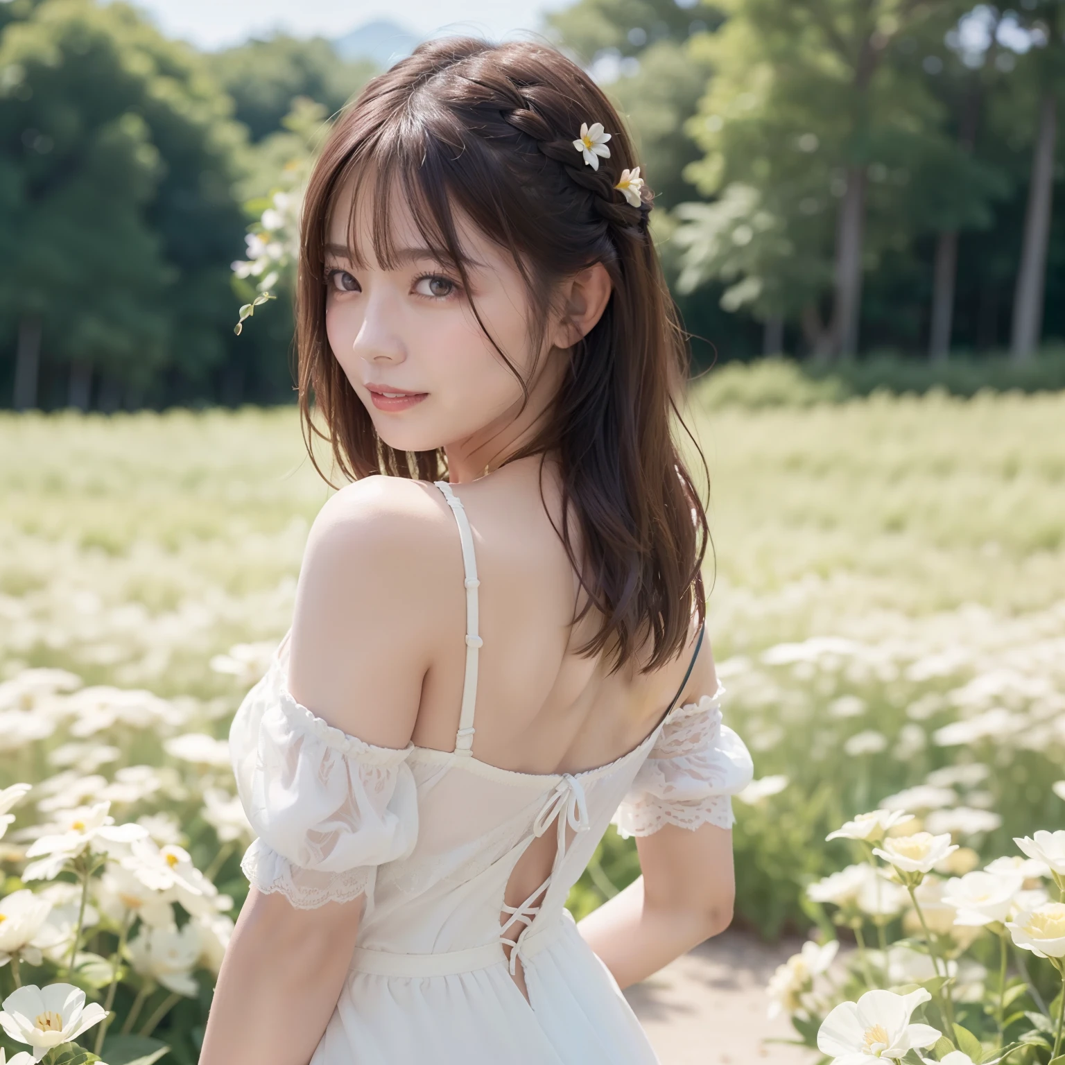 top-quality、​masterpiece、超A high resolution、(Photorealsitic:1.4)、Raw photo、女の子1人、robe blanche、off shoulders、flower  field、glistning skin、Light smile、Braided hair、Floating hair、Facing backwards、Backward