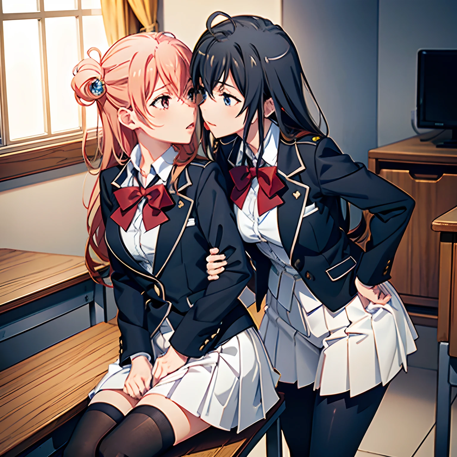 tmasterpiece, hiquality, detailing, school classroom, 2 girls, the kiss, French kiss, Erotic hugs, (extremely detailed CG unity 8k wallpaper), (masterpiece), (best quality), (ultra-detailed), (best illustration), (best shadow), (absurdres), 1girl, solo, yukinoshita yukino wears tailcoat suit and tight white pants in school background, and carry yuigahamayui llike a princess yuri