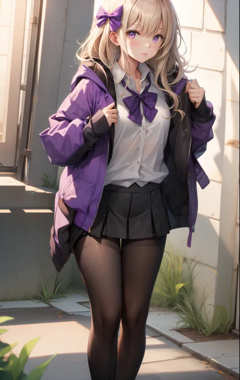 black pantyhose, bow, collared shirt, hood, hooded jacket, jacket, open clothes, open jacket, open shirt, pantyhose, purple bow,...