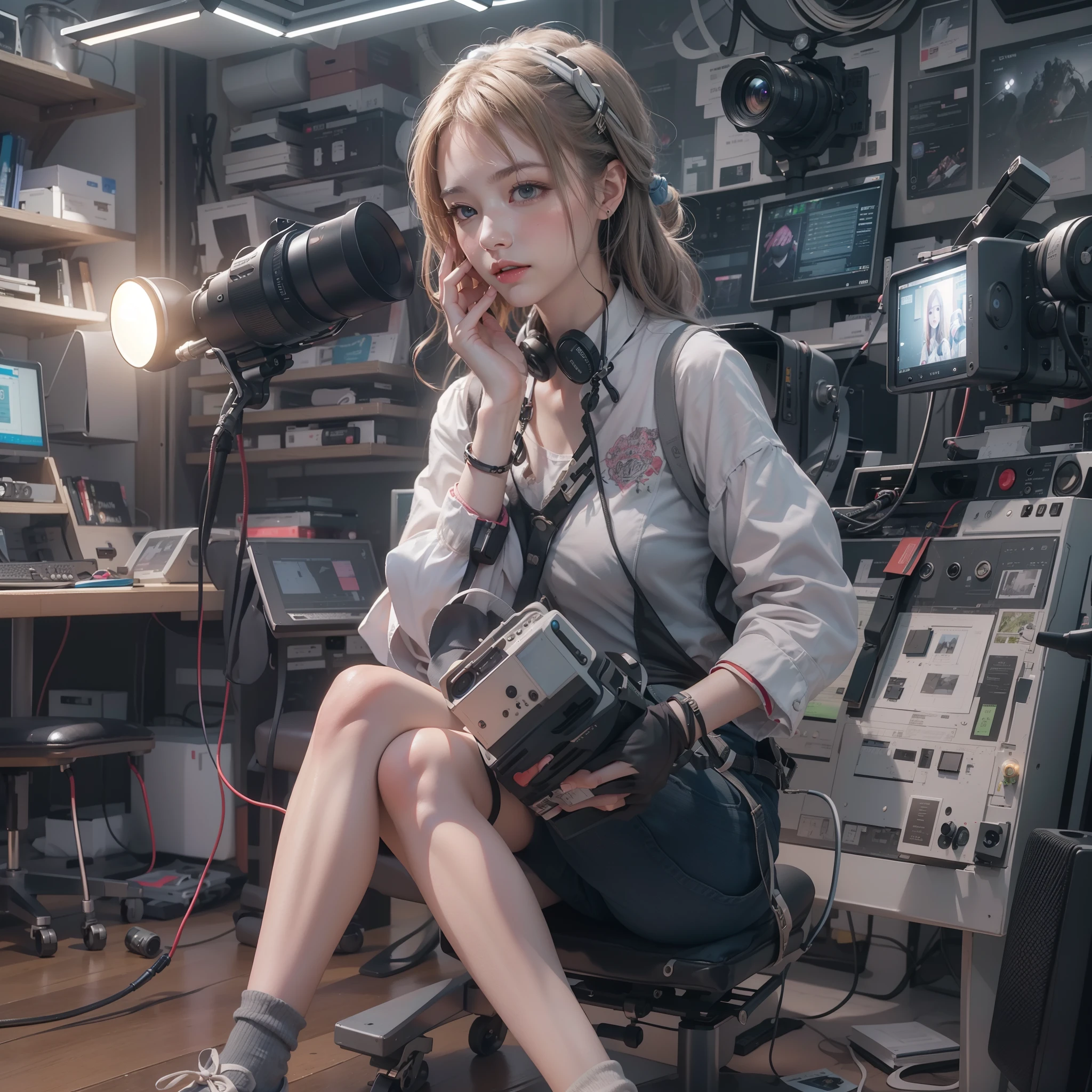 masutepiece, Best Quality,(masutepiece) , (Best Quality) , (reality: 1.3) , Photorealistic, Octane Rendering, (Surreal: 1.2) , Perfect features,
Modern Daily, (High School Girl Anchor Blush Live 1.5) , (Hands between legs 1.5) , Slight shaking, Recording, camera, Live broadcasting equipment, (Electronics 1.2),(Live Electronics Broadcast Room 1.5),(maturefemale), 
Original, highly detailed wallpaper, very detailed illustration, (1 girl) ,(The best lighting) , (super complex details) , 4K unified, (super-detailed CG: 1.2) , (8K: 1.2)，