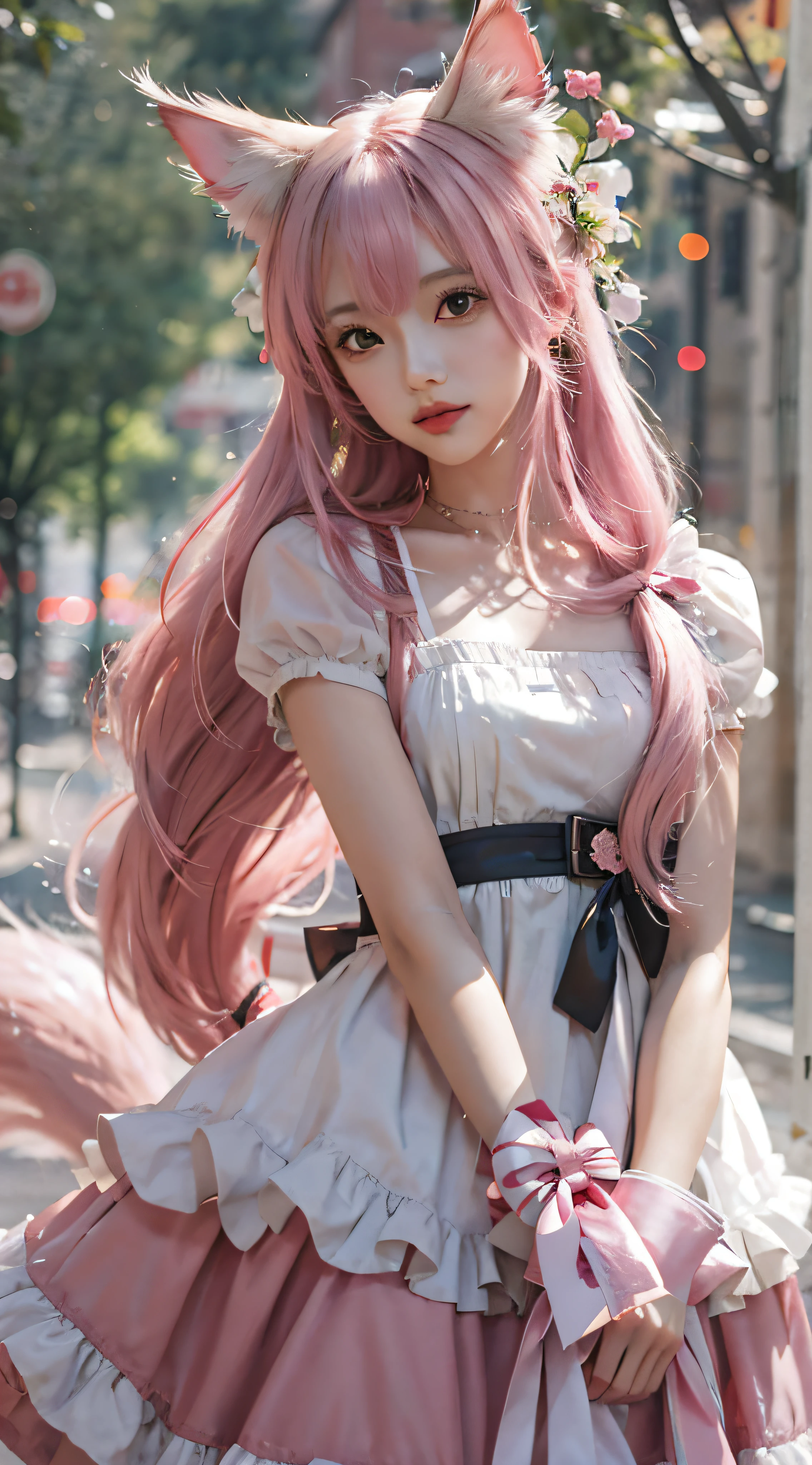 Anime girl posing for photo with pink hair and white dress, the maid outfit，beautiful anime catgirl, Very beautiful anime cat girl, Anime girl with long hair, Beautiful anime girl, Guviz-style artwork, cute anime waifu in a nice dress, very beautiful cute catgirl, Guviz, 8K high quality detailed art