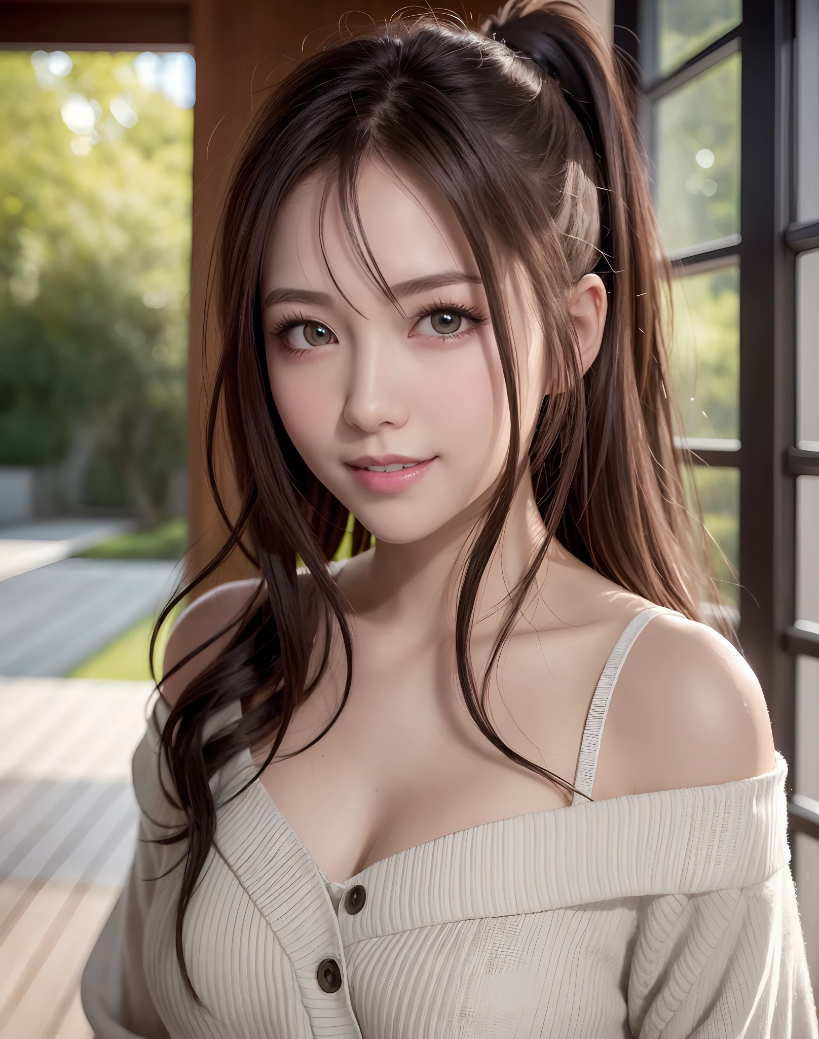 (Best Quality), (masutepiece), (High resolution), (Intricate details:0.2),(Professional Lighting), dressing gown, Detailed background,off shoulders, (Previous view), 1girl in, Solo, (Beautiful face),  Slim body, Fine skin, Smile, brown hair in a ponytail, Beautiful eyes,  look at at viewer,