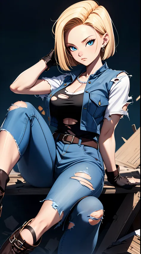 best quality, highres, and18, 1girl, android 18, solo, blonde hair, blue eyes, belt, jeans, pearl_necklace, bracelet, black glov...