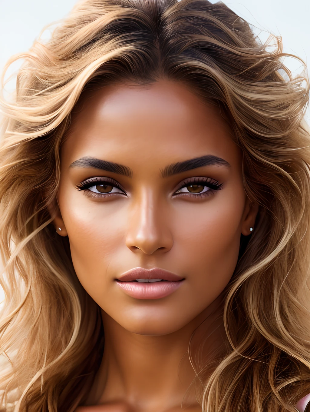 A photorealistic portrait of a stunningly beautiful tanned Brazilian female supermodel with light make-up, photo for the cover of a fashion magazine, extremely detailed light honey eyes, detailed symmetric realistic face, extremely detailed natural texture, peach fuzz, windy messy hair, sexy, masterpiece, absurdres, award winning photo by lee jeffries, nikon d850 film stock photograph, kodak portra 400 camera f1.6 lens, extremely detailed, amazing, fine detail, rich colors, hyper realistic lifelike texture, dramatic lighting, unrealengine, trending on artstation, cinestill 800 tungsten, looking at the viewer, photo realistic, RAW photo, TanvirTamim, high quality, highres, sharp focus, extremely detailed, cinematic lighting, 8k uhd,-imagine-