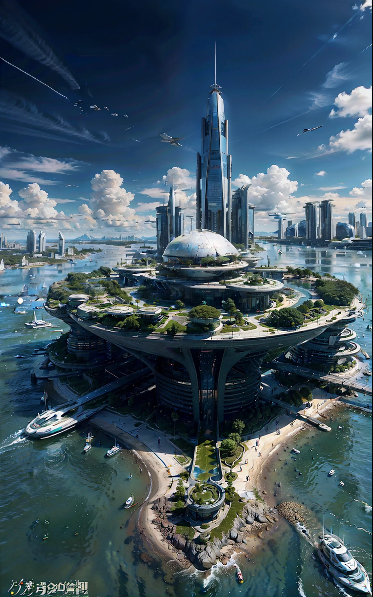 A futuristic biocity that is located in the former site of Portsmouth, New Hampshire. It has a mix of old and new buildings, green spaces, and water features. It also has six large artificial floating islands off of its coastline,(zenithal angle),
((by Iwan Baan)),
coastal city,blue sky and white clouds,the sun is shining brightly,ultra-wide angle,