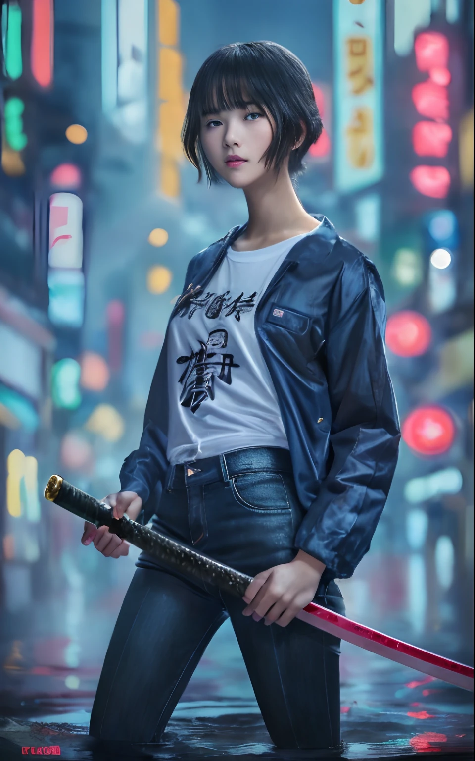 The реалистичное фото, Постер фильма, название фильма говорит:"лягушка" с подтекстом говорит:"черный дождь," показывает глубоко затопленный город Токио в сексуальном и крутом виде., Девочка-подросток с натуральными короткими волосами в современном мальчишеском наряде., Белая футболка и черный узкий деним с легкой винтажной курткой-дождевиком, она держит длинную катану, круто позирует, реалистичное фото, красивая визуализация отражающей водной поверхности, Мерцающая розово-оранжевая неоновая вывеска гласит::"лягушка", 8К, обои, (невероятно_абсурд,огромный_размер файла:1.37),(шедевр:1.37),(высшее качество:1.37),(реалистичный,Фотореалистический:1.2),Трассировка лучей,Реалистичное освещение,(иллюминация,Светиться),((зерна пленки:1.37)),(Изысканные детали и текстуры:1.2),(Разрешение 8К:1.2),(ультра-детализация:1.2),(Острый фокус 1.2),(RAW-фотография:1.0),(Красивая деталь лица、Красивый детальный глаз、 сияющие глаза、длинные ресницы、румянец носа:1.2)、((((идеальная анатомия))))、полное тело, лесбиянка、Церемония、1 девушка в、соло、красивая девушка、Высший класс、(Тонкий:1.37)、(милое лицо)、(Естественное сияние кожи:1)、(Детализированная естественная красивая кожа、детальные текстуры кожи、Детализированные черные волосы、Хорошо сформированные прически)、Свет для лица、(кинематографический свет)