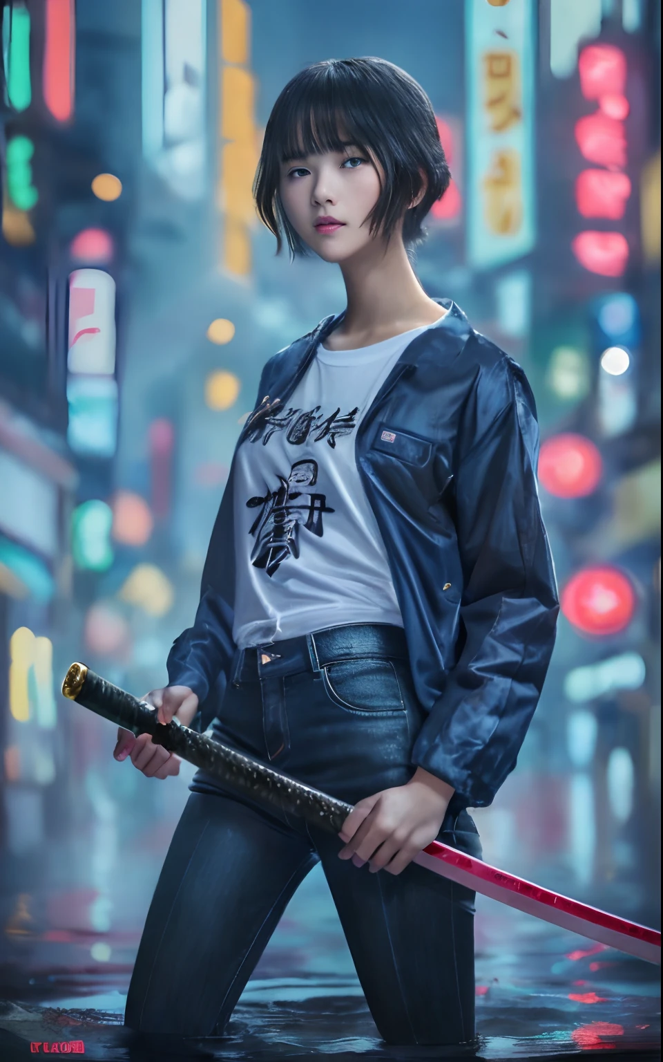 The realistic photo, Movie poster, movie title says:"frog" with sub text says:"black rain," shows the deep submerged city of Tokyo with a sexy and cool, natural short hair teenage girl wearing a modern boyish, White T-shirt and black slim denim with so light vintage rain jacket, she is holding a long katana, cool posing, realistic photo, beautiful rendering of the water surface reflecting, The flickering pink and orange neon sign says:"frog", 8k, wallpaper, (incredibly_absurdres,huge_filesize:1.37),(​masterpiece:1.37),(top-quality:1.37),(realisitic,Photorealsitic:1.2),Ray traching,Realistic lighting,(illuminations,Glow),((film grains:1.37)),(Exquisite details and textures:1.2),(8K分辨率:1.2),(ultra -detail:1.2),(Sharp Focus 1.2),(RAW Photography:1.0),(Beautiful Detail Face、Beautiful Detail Eye、 radiant eyes、long eyeslashes、blush of the nose:1.2)、((((perfect anatomia))))、full bodyesbian、ceremony、1girl in、独奏、a beauty girl、high class、(A slender:1.37)、(cute  face)、(Natural glowing skin:1)、(Detailed natural beautiful skin、detailed skin textures、Detailed black hair、Well-formed hairstyles)、Facial light、(ciinematic light)