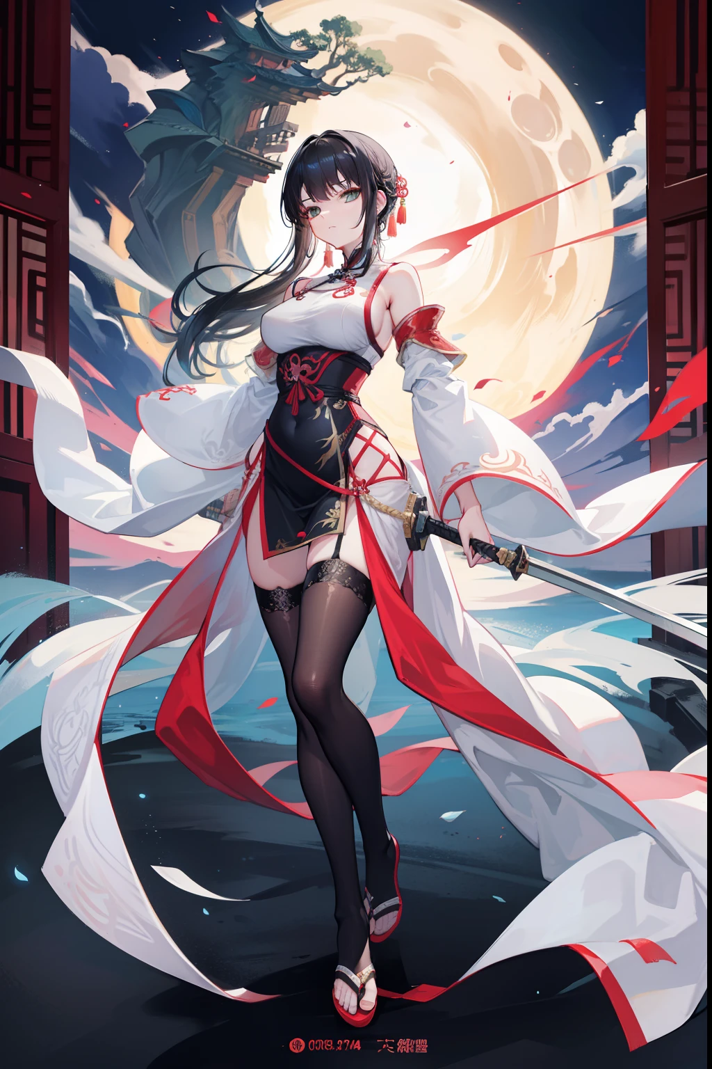 In front of a huge Chinese-style building，Image of a female swordsman holding a sword and a large number of swords，seductiveexpression,Fitted white robe ,black lence stockings，A bunch of black hair，green-eyed,front poses，typhoon，Thunder，Style Artgerm, Full body detail 4K，Dreamlike，and its detailed full-body detail 4K