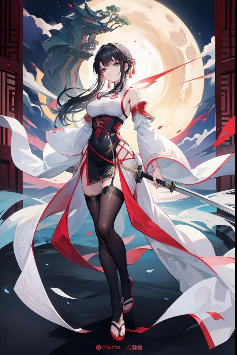 In front of a huge Chinese-style building，Image of a female swordsman holding a sword and a large number of swords，seductiveexpr...