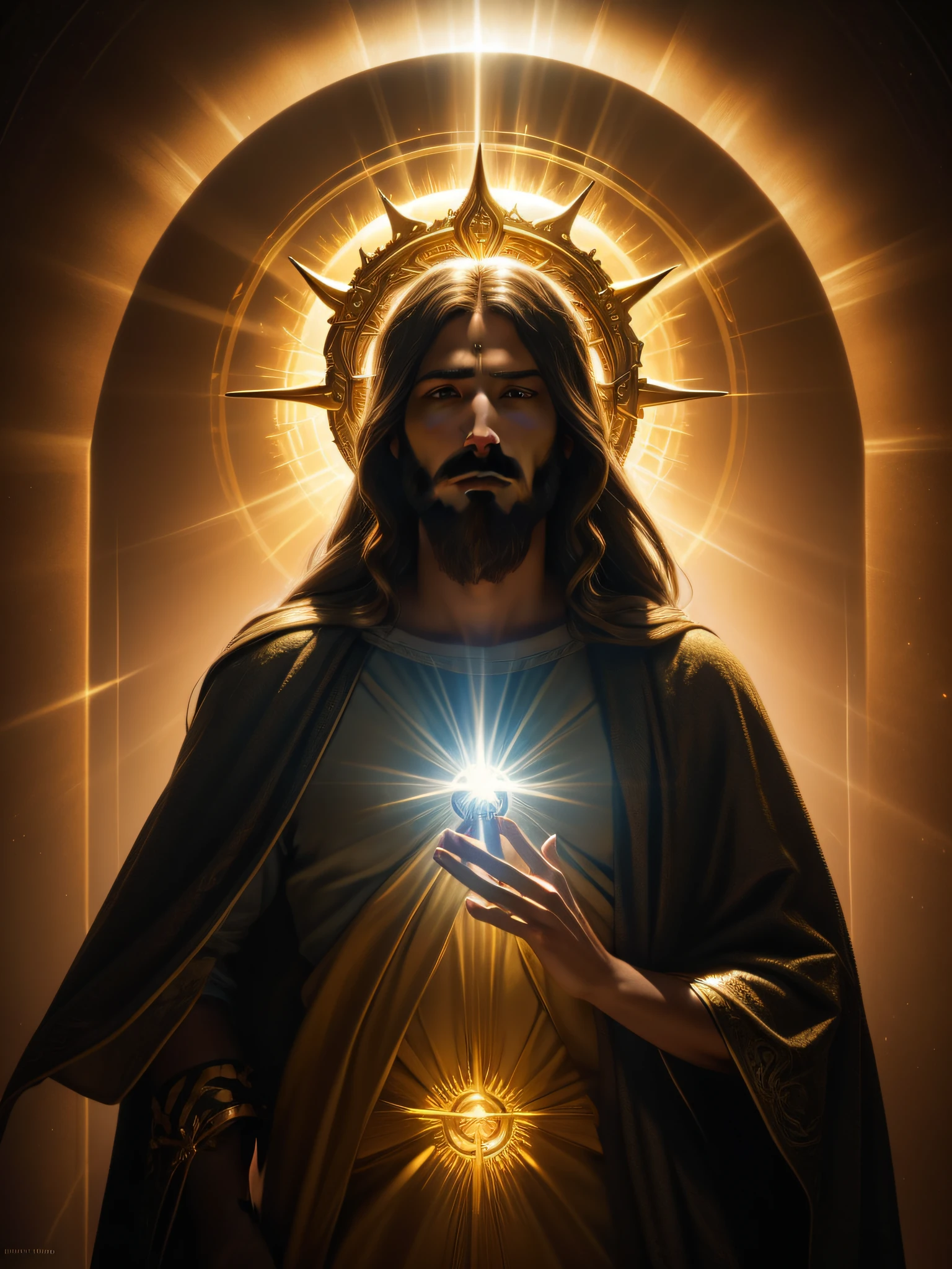 highly detailed portrait of a jesus christ sun god halo of light, gold, unreal engine, art by mark ryden, lostfish, earl norem, global illumination, god rays, detailed and intricate environment, elden ring style