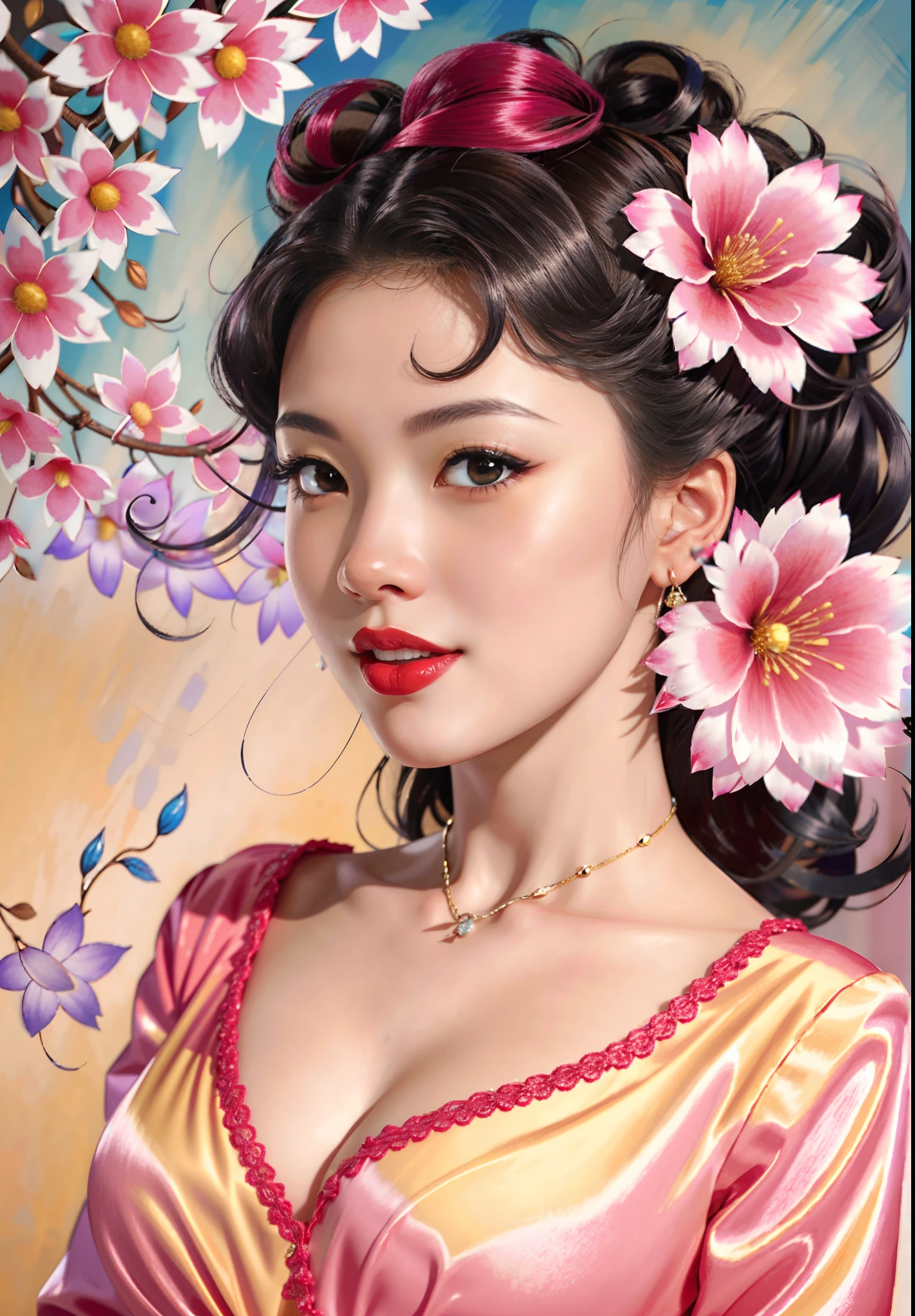 (Masterpiece),(Best quality:1.0), (超高分辨率:1.0), Detailed illustration, 8K, anime big breast, 1girll, Beautiful anime girl, Wearing a gorgeous intricate and delicate dress , Intricate details, Black eyes, Detailed eyes, Black hair, Detailed hair details, hair highlight, There are reddish-pink flowers on the ears, Smiling, Red lipstick, Perfect lips, Anime style, Best quality, Detailed，High bun，Big buns