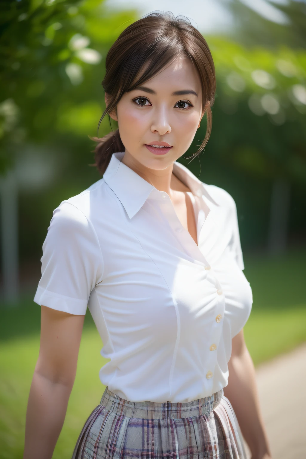 gravure, from the chest up, masutepiece, Best Quality, Ultra-detailed, Photorealistic, super detailed skin, Perfect Anatomy, (1 japanese mature woman), (solo), 40 years, (Wrinkles at the corners of the eyes:1.3), Large breasts, A MILF, glamor, A sexy, Chromo-white skin, Looking at Viewer、solo, huge-breasted, cleavage of the breast, Pose with your buttocks facing you, Ultra short skirt, buttock, The shirt, Beautiful natural places, Around the position of the flower, (Detailed background), plaid skirts, white  shirt, huge-breasted, cleavage of the breast, Show a little cleavage through the shirt, lowfers, blurry backround, bblurry, fail, Plaid, shortsleeves, JK ribbon on neck, JK Ribbon, brown haired, Ultra mini skirt、Uniforms, jewely, cparted lips, s lips, pleatedskirt, depth of fields