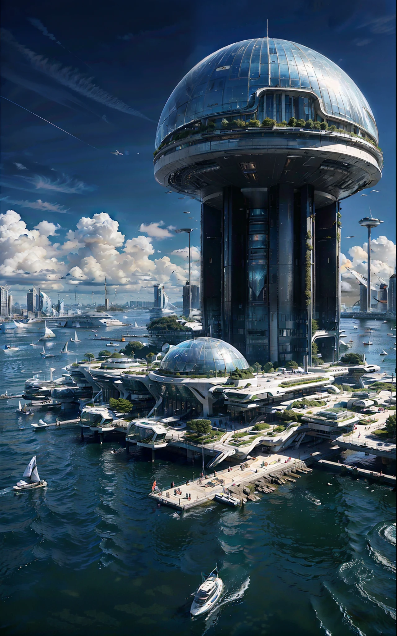 Uma biocidade futurista que está localizada no antigo local de Portsmouth, Nova Hampshire. Tem uma mistura de edifícios antigos e novos, espaços verdes, e recursos hídricos. Ele também tem seis grandes ilhas flutuantes artificiais fora de sua costa,(ângulo zenital),
((por Iwan Baan)),
Cidade litorânea,céu azul e nuvens brancas,O sol está brilhando brilhantemente,Ângulo ultra-amplo,