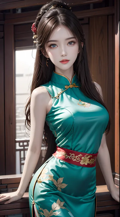 Photorealistic, high resolution, 1 woman, hips up, Beautiful eyes, Long hair, ringed eyes, jewelry, cheongsam