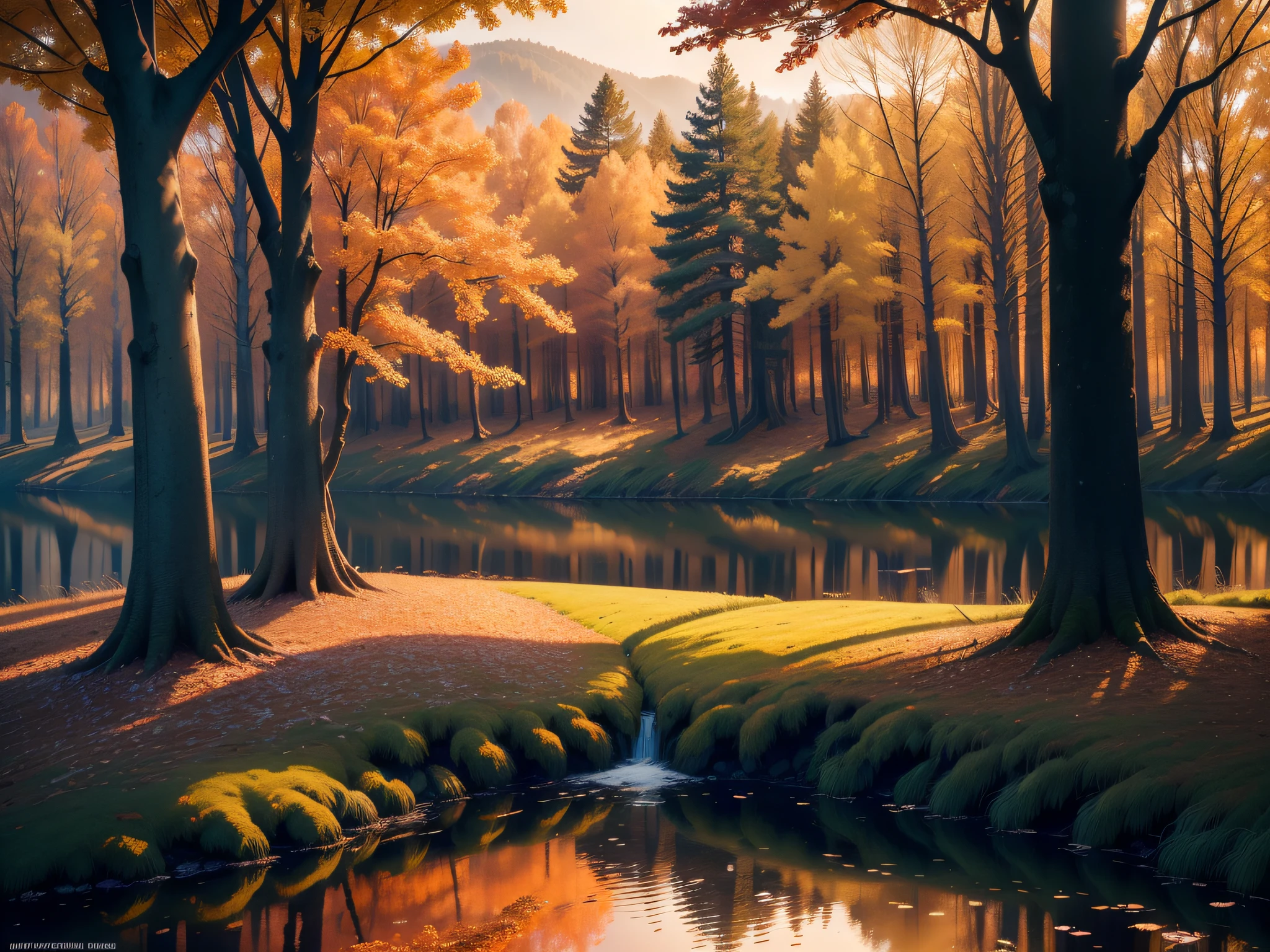 (best quality,4k,8k,highres,masterpiece:1.2),ultra-detailed,(realistic,photorealistic,photo-realistic:1.37),vibrant colors,atmospheric landscape,autumn trees,fall foliage,leaves rustling,peaceful countryside scene,serene tranquility,majestic view,sunset horizon,glowing orange sky,calm reflection on the water,misty atmosphere,elegant beauty of nature,colorful mosaic,rich textures,natural sunlight streaming through the branches,dreamy ambiance,melancholic atmosphere,magical glow,faint scent of earth and decay,breathtaking vividness,soft rays of light peeking through the trees,serenity in motion,subtle contrast between light and shadow,whispering wind brushing against the leaves