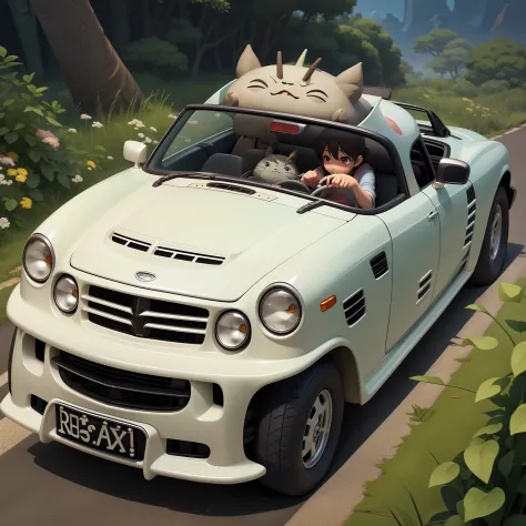 Totoro next door driving an American convertible car, adventure, animesque, masutepiece, Super Detail, Best Quality