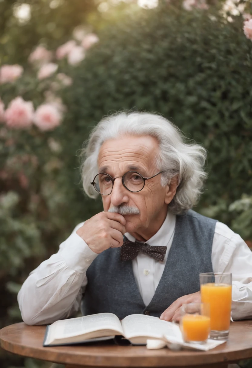 Albert Einstein reading a book, a beautiful flowery garden, with beautiful round glasses, looking at the camera, detailed detailed face, blouse and pants, a glass of orange juice, a modern laptop on the table, an old camera on the table, Full HD quality