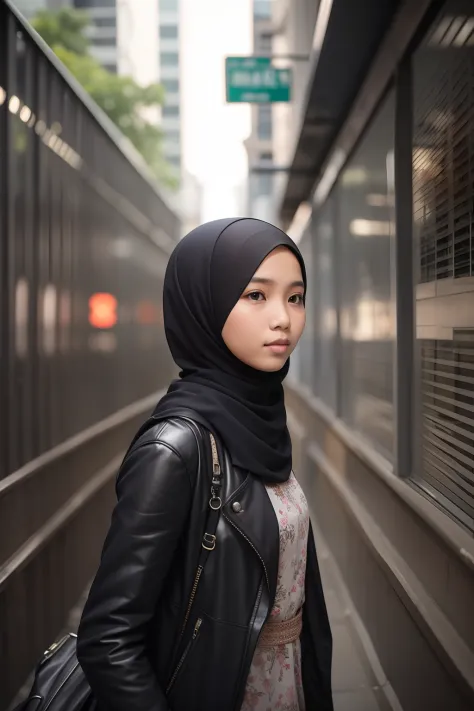 Photograph a Malay girl in hijab as she navigates the urban jungle, confidently commuting to work or school, showcasing her modern lifestyle in the heart of the city.