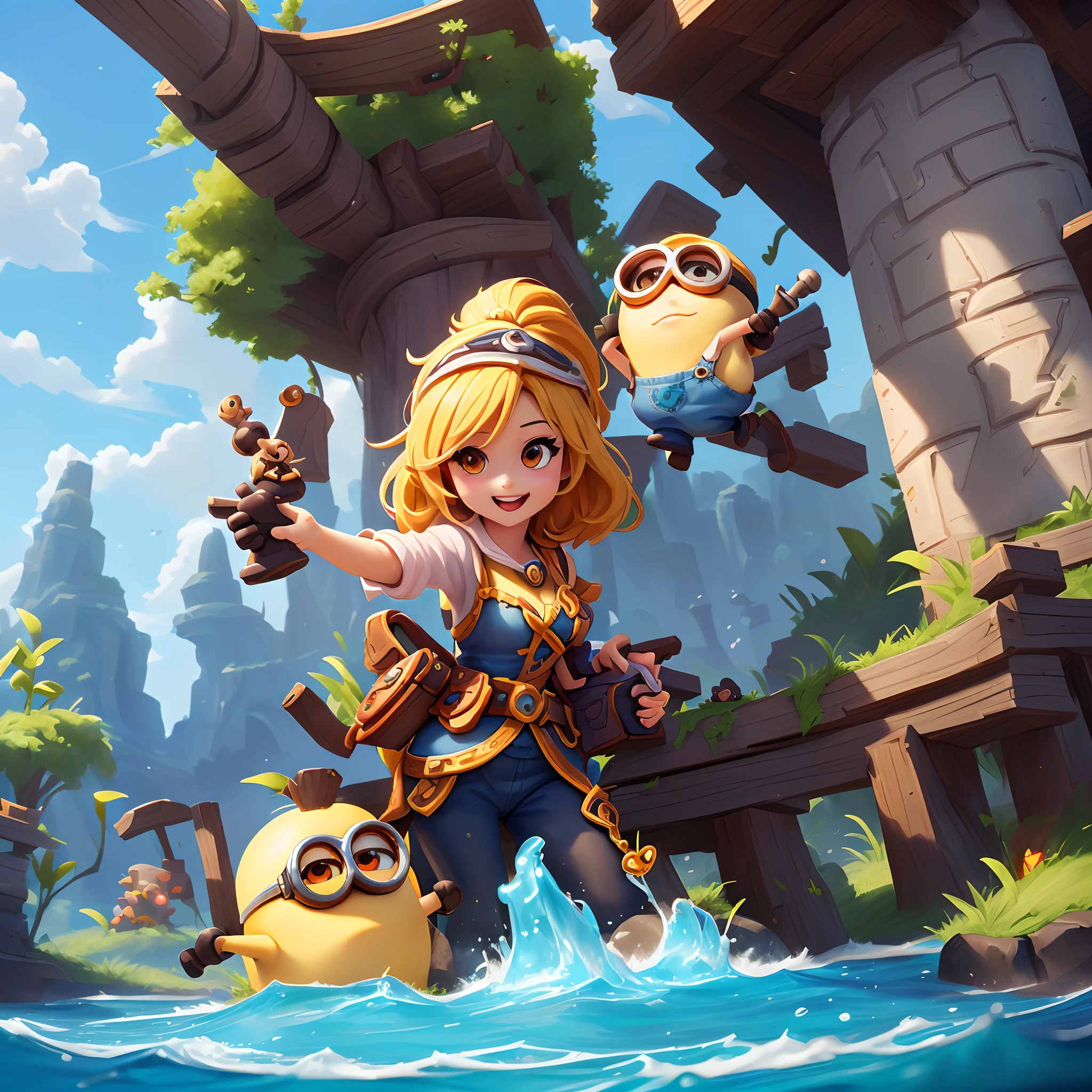 Cartoon illustration of a woman and her minions on a bridge, children's art in artstation, Magnificent painting minions, character splash art, Hearthstone Card Game Artwork. ", Adorable Digital Painting, official splash art, mobile game art, iconic character splash art, cute detailed digital art, Minions Background, by Yang J, Jason Chan, Hearthstone Card Game Artwork, Minions